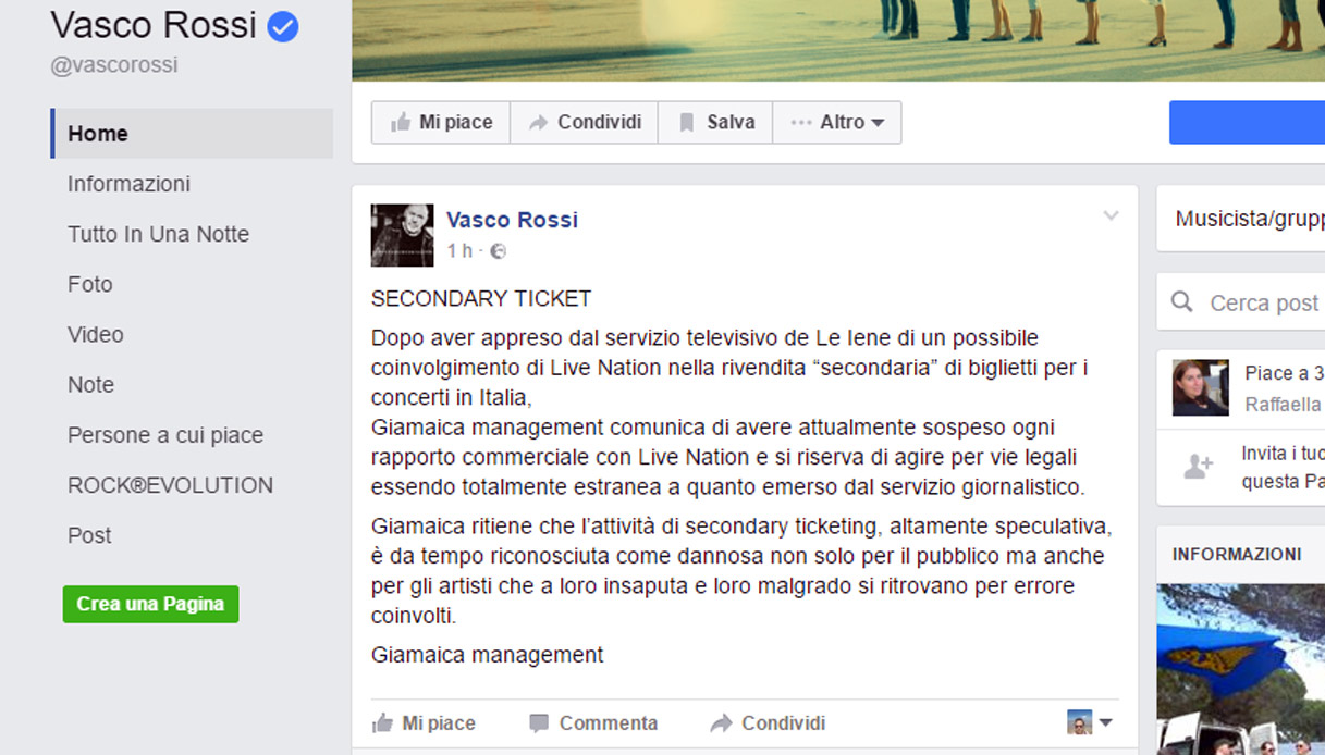 vasco rossi comunicato facebook live nation le iene bagarinaggio vendita online biglietti concerti