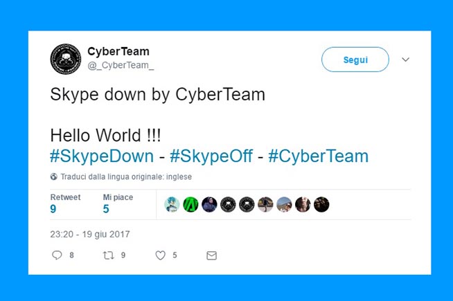 Il messaggio con il quale il CyberTeam rivendica l'attacco a Skype