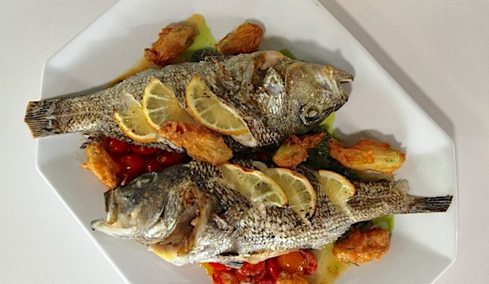 Branzino con fiori di zucca