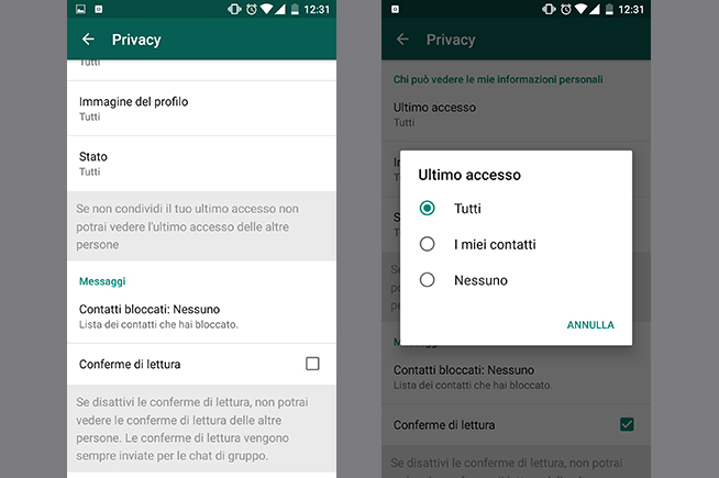 Impostare la privacy su WhatsApp