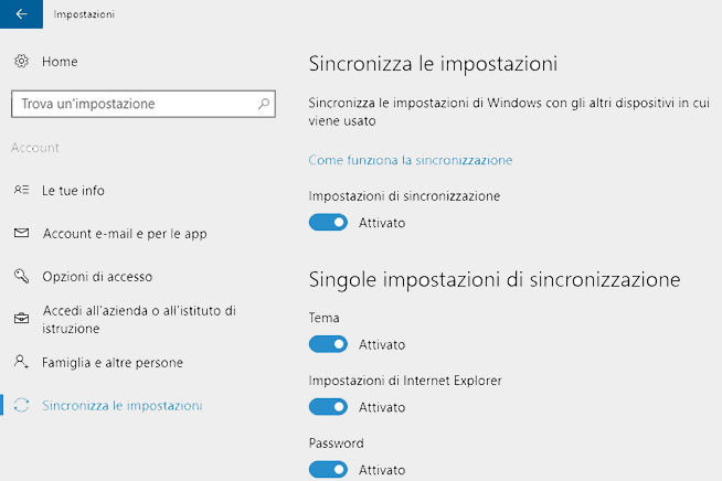 Sincronizzazione Windows 10