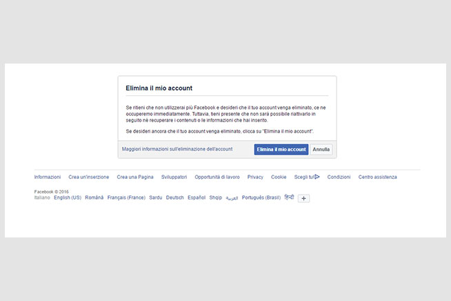 Schermata per cancellarsi da Facebook