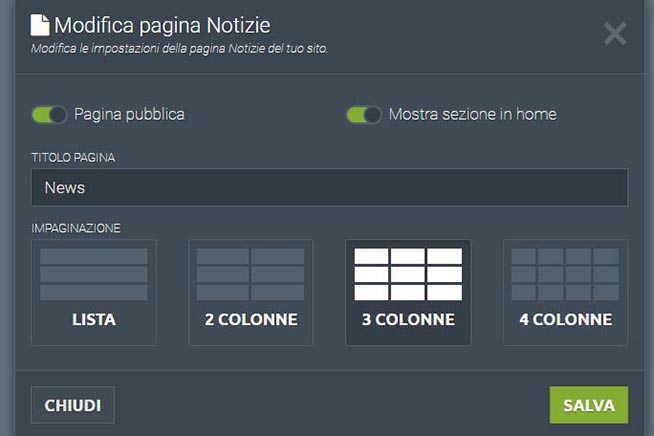 Menu Pagine del pannello di gestione di Libero Pages