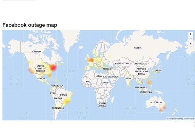 La mappa delle  segnalazioni del malfunzionamento di Facebook